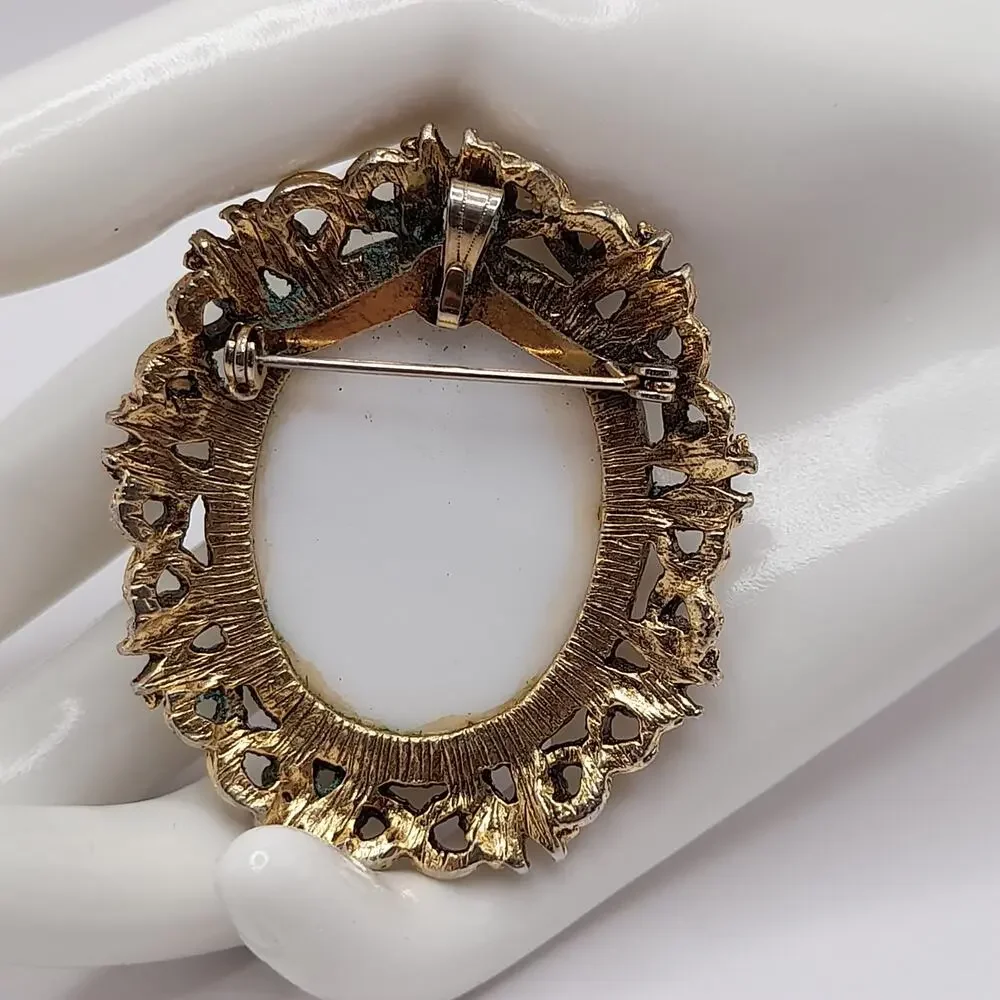 Vintage Porcelain Floral Brooch Pendant Combo, Faux Pearls, 2 1/4 Inches